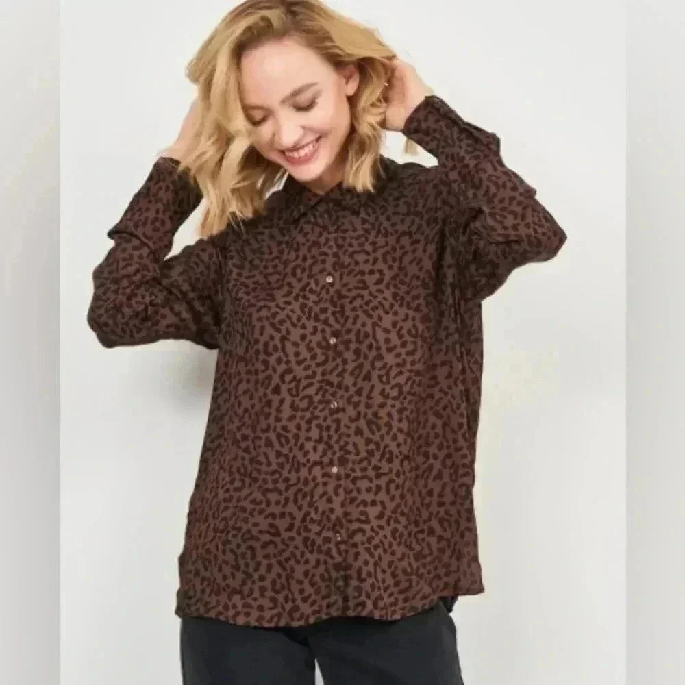 EUC Minimum Bilda Brown Leopard Print Button Down 100%viscose Women Shirt- EU 34